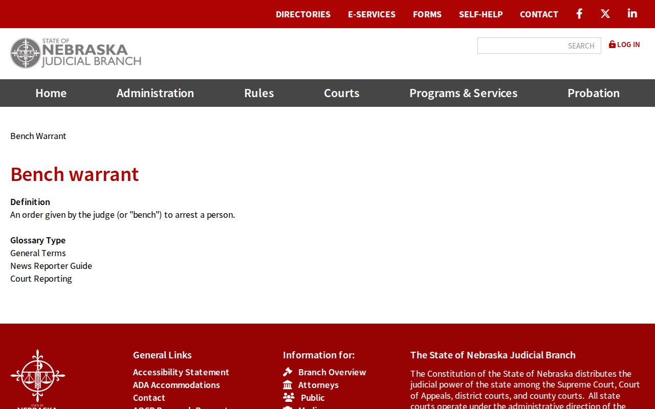 Knox County bench warrant search Nebraska Judicial definition